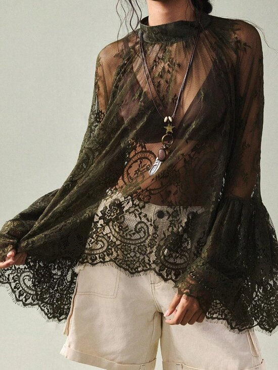 Tops - Army Green Elegant Women's Sheer Lace Flowy Sleeve Blouse